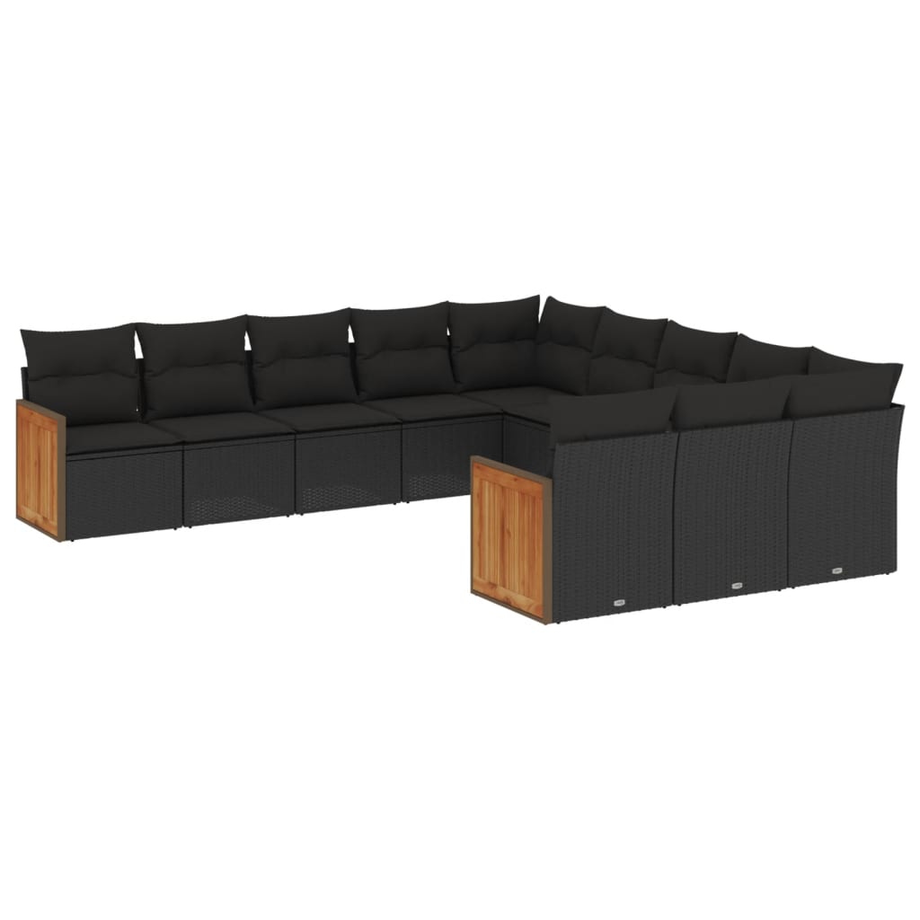 11-delige Loungeset met kussens poly rattan zwart