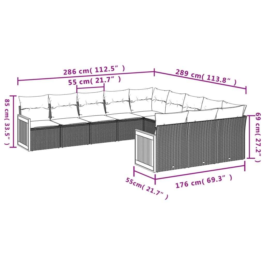 11-delige Loungeset met kussens poly rattan zwart