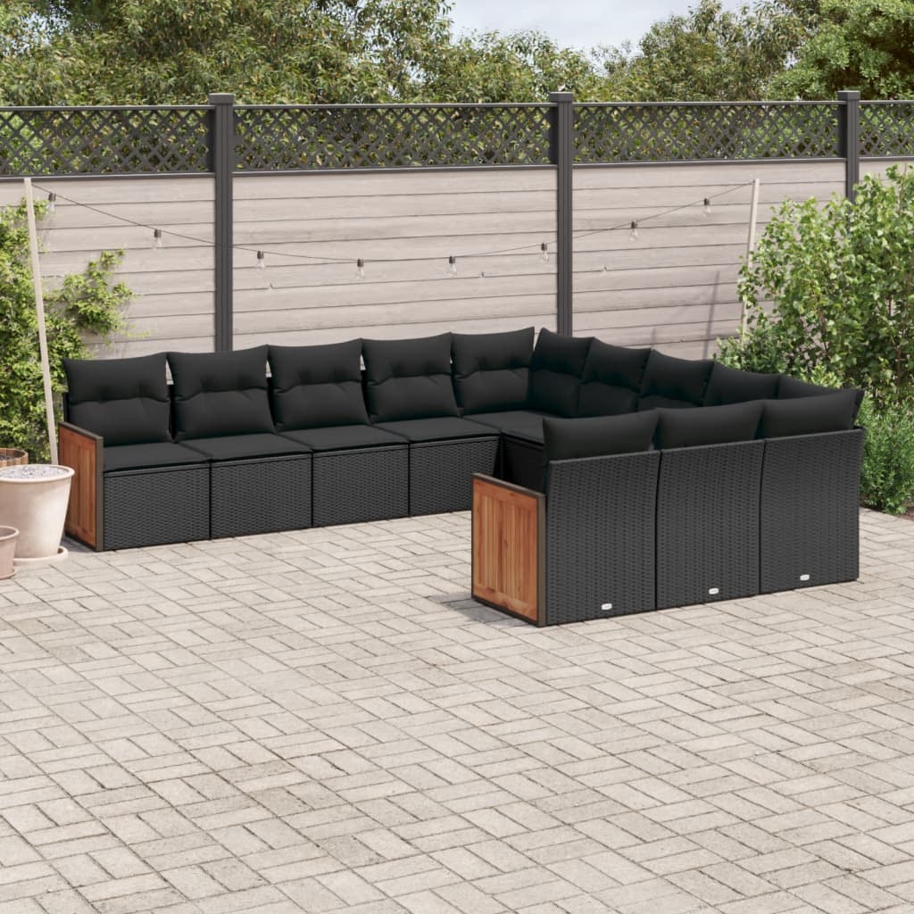 11-delige Loungeset met kussens poly rattan zwart