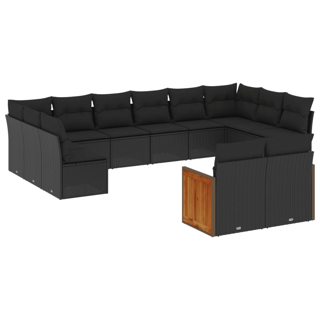 12-delige Loungeset met kussens poly rattan zwart