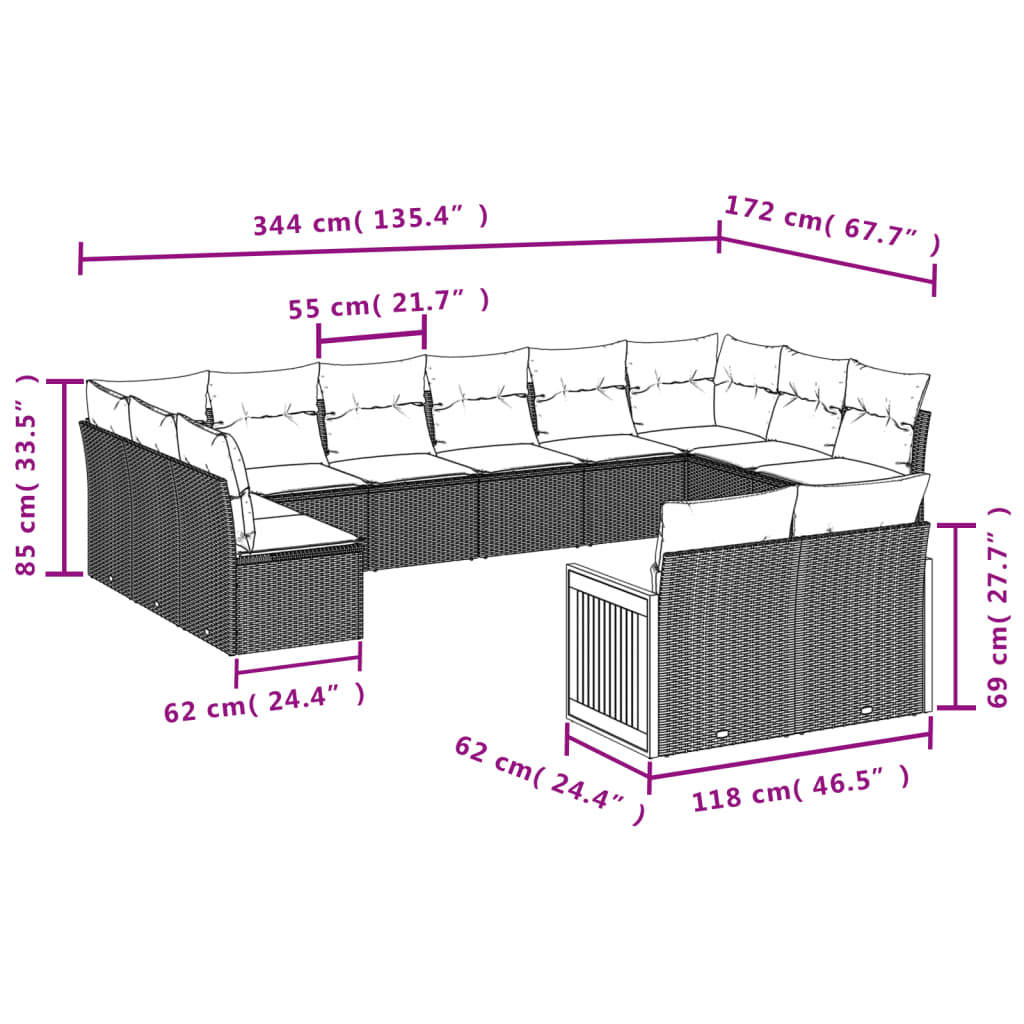 12-delige Loungeset met kussens poly rattan zwart