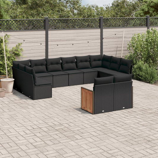 12-delige Loungeset met kussens poly rattan zwart