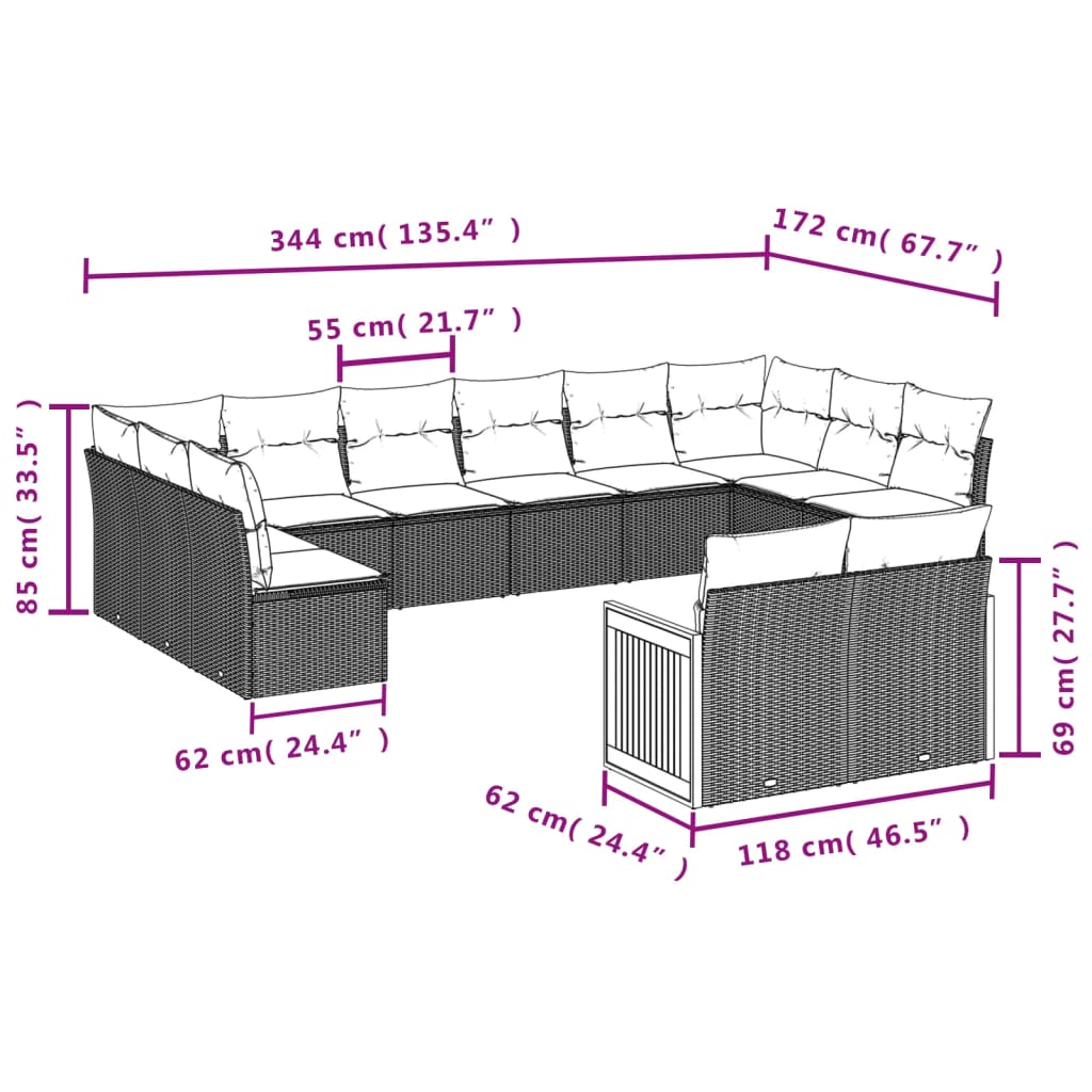 12-delige Loungeset met kussens poly rattan grijs