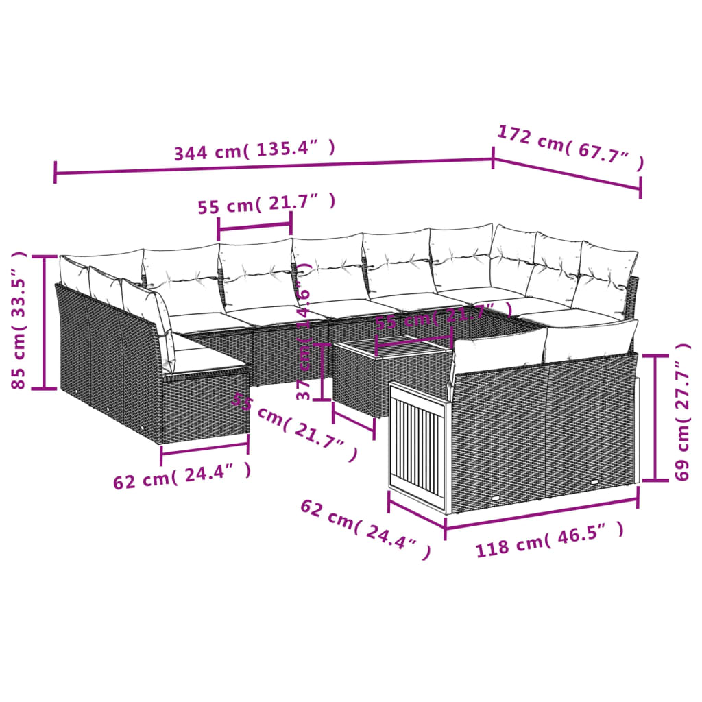 13-delige Loungeset met kussens poly rattan grijs