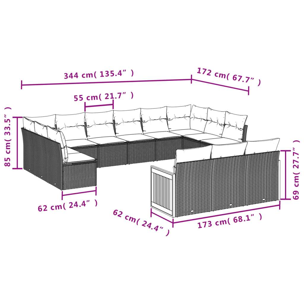 13-delige Loungeset met kussens poly rattan zwart