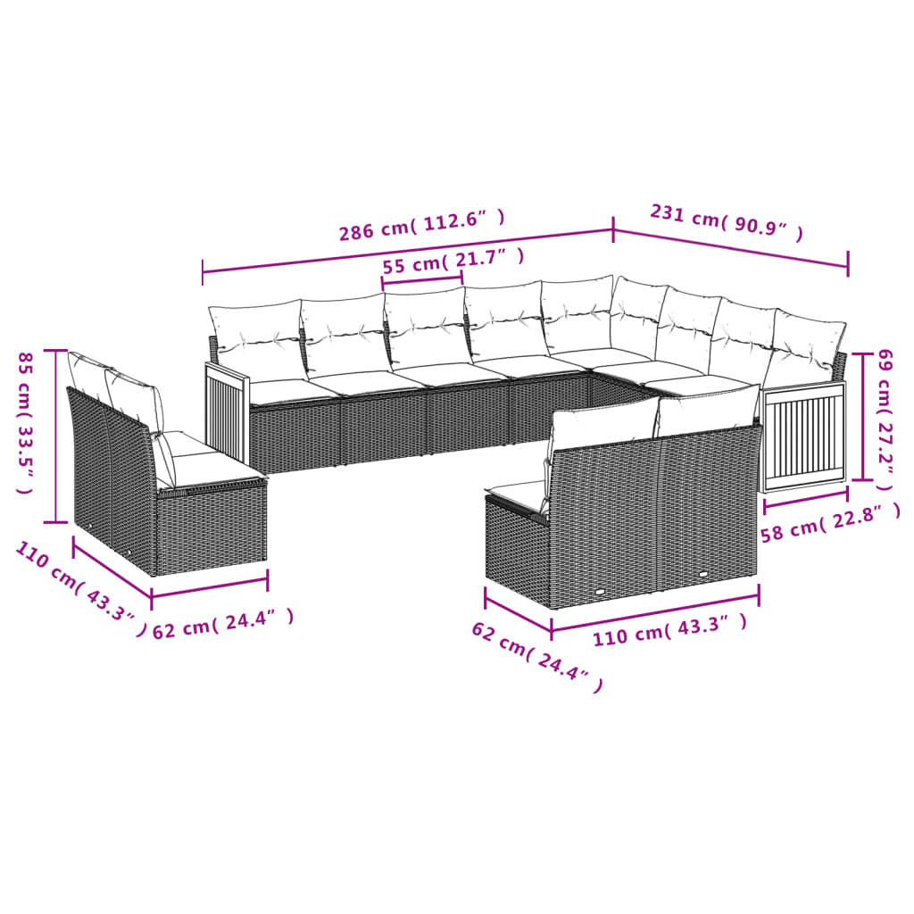 12-delige Loungeset met kussens poly rattan beige