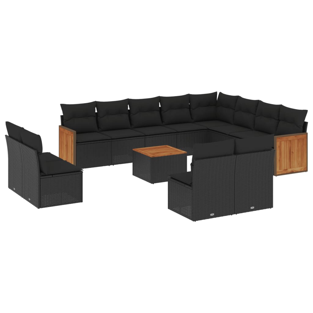 13-delige Loungeset met kussens poly rattan zwart