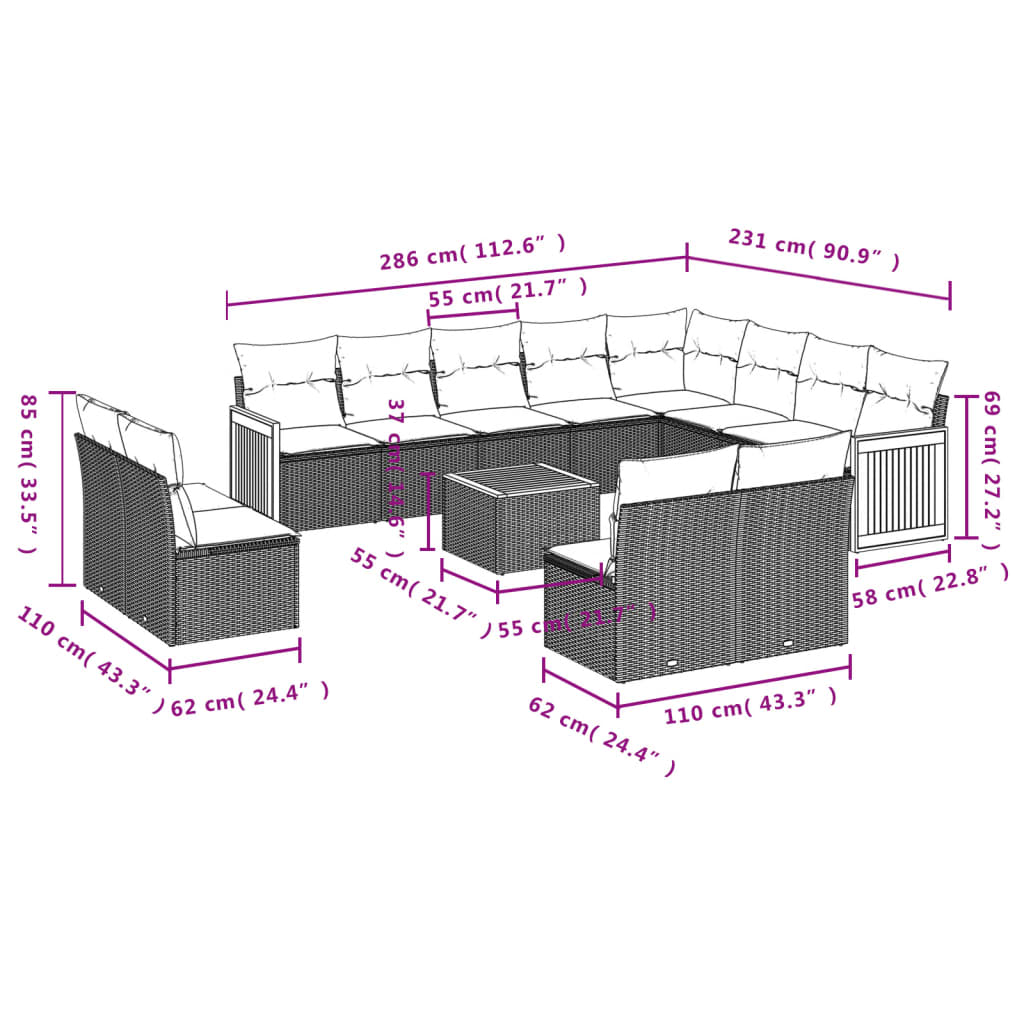 13-delige Loungeset met kussens poly rattan zwart