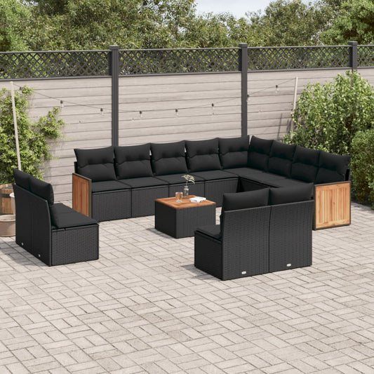 13-delige Loungeset met kussens poly rattan zwart