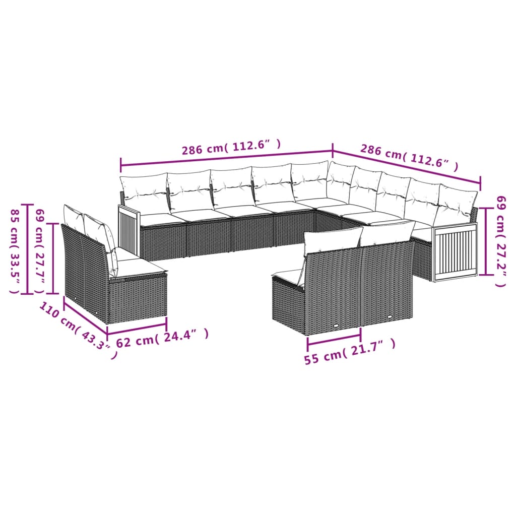 13-delige Loungeset met kussens poly rattan zwart