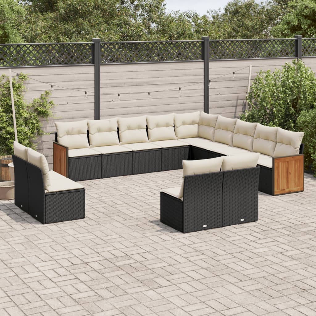 13-delige Loungeset met kussens poly rattan zwart