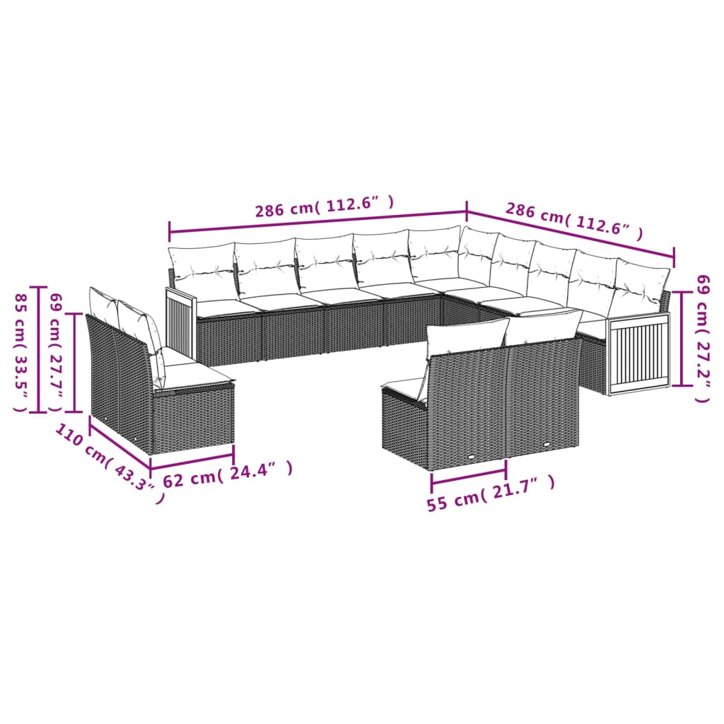 13-delige Loungeset met kussens poly rattan grijs