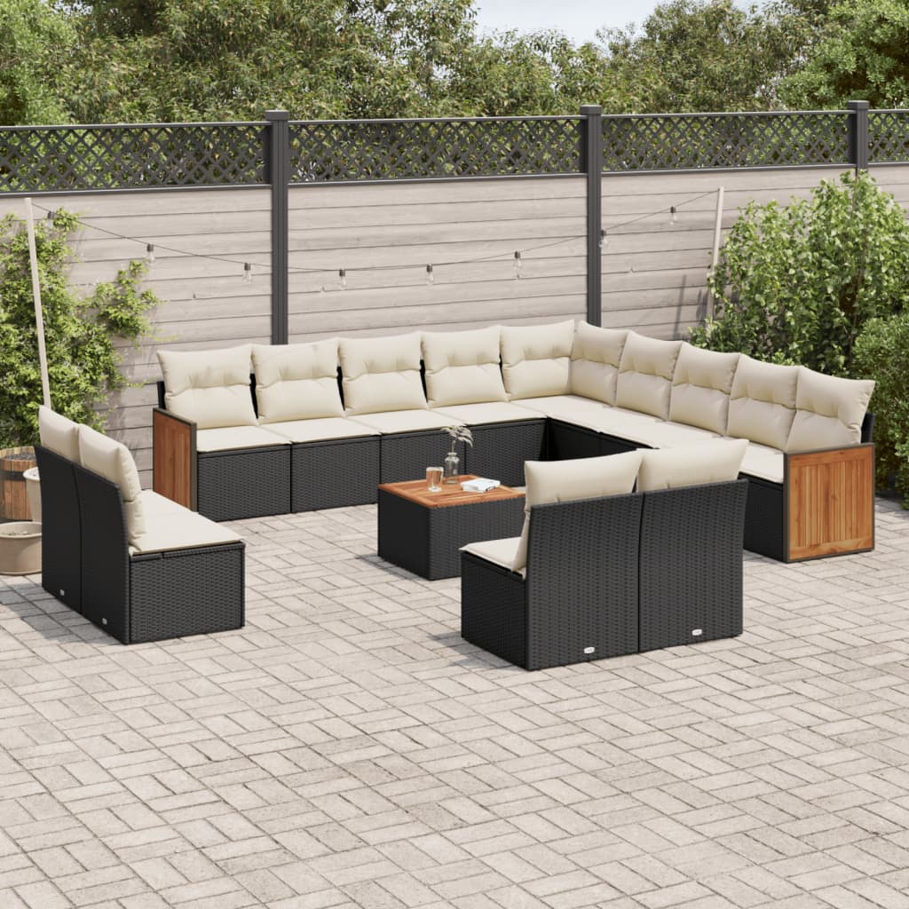 14-delige Loungeset met kussens poly rattan zwart