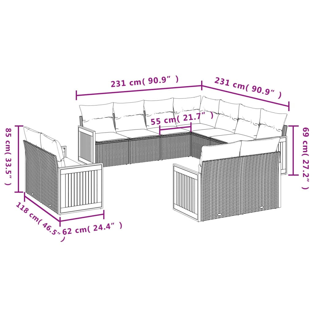 11-delige Loungeset met kussens poly rattan zwart