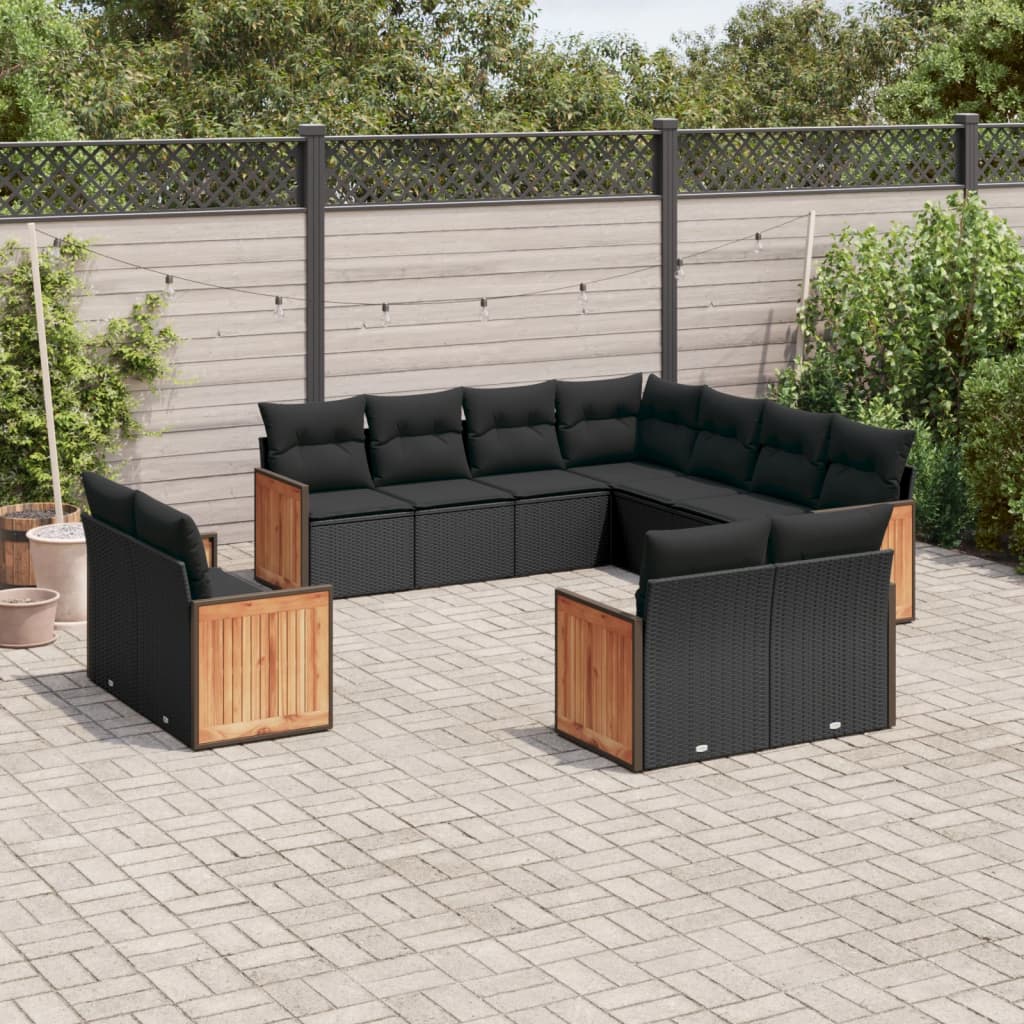 11-delige Loungeset met kussens poly rattan zwart