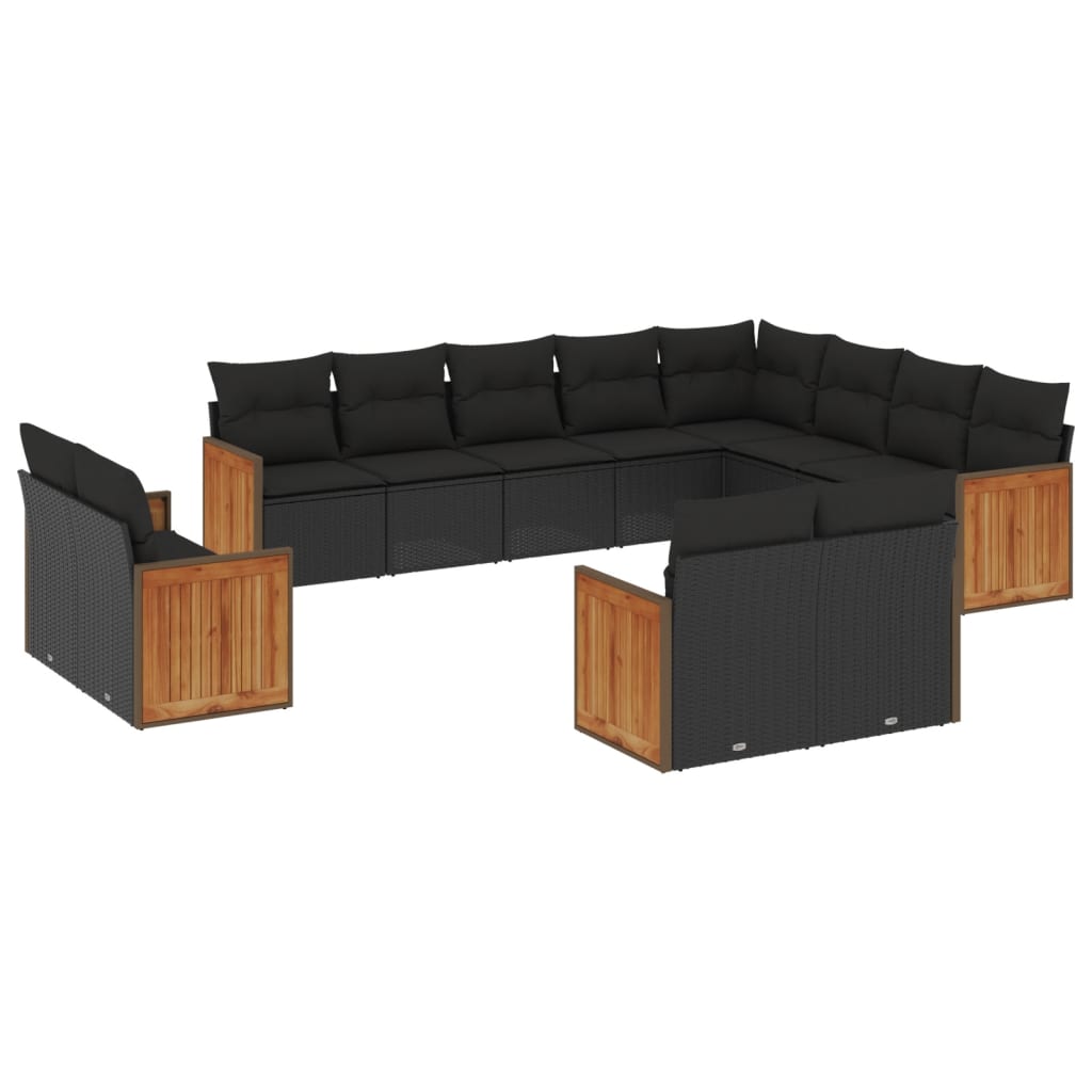 12-delige Loungeset met kussens poly rattan zwart