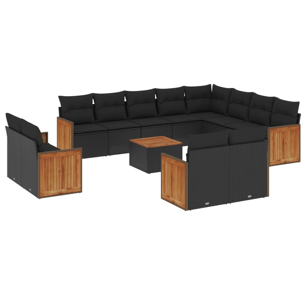 13-delige Loungeset met kussens poly rattan zwart