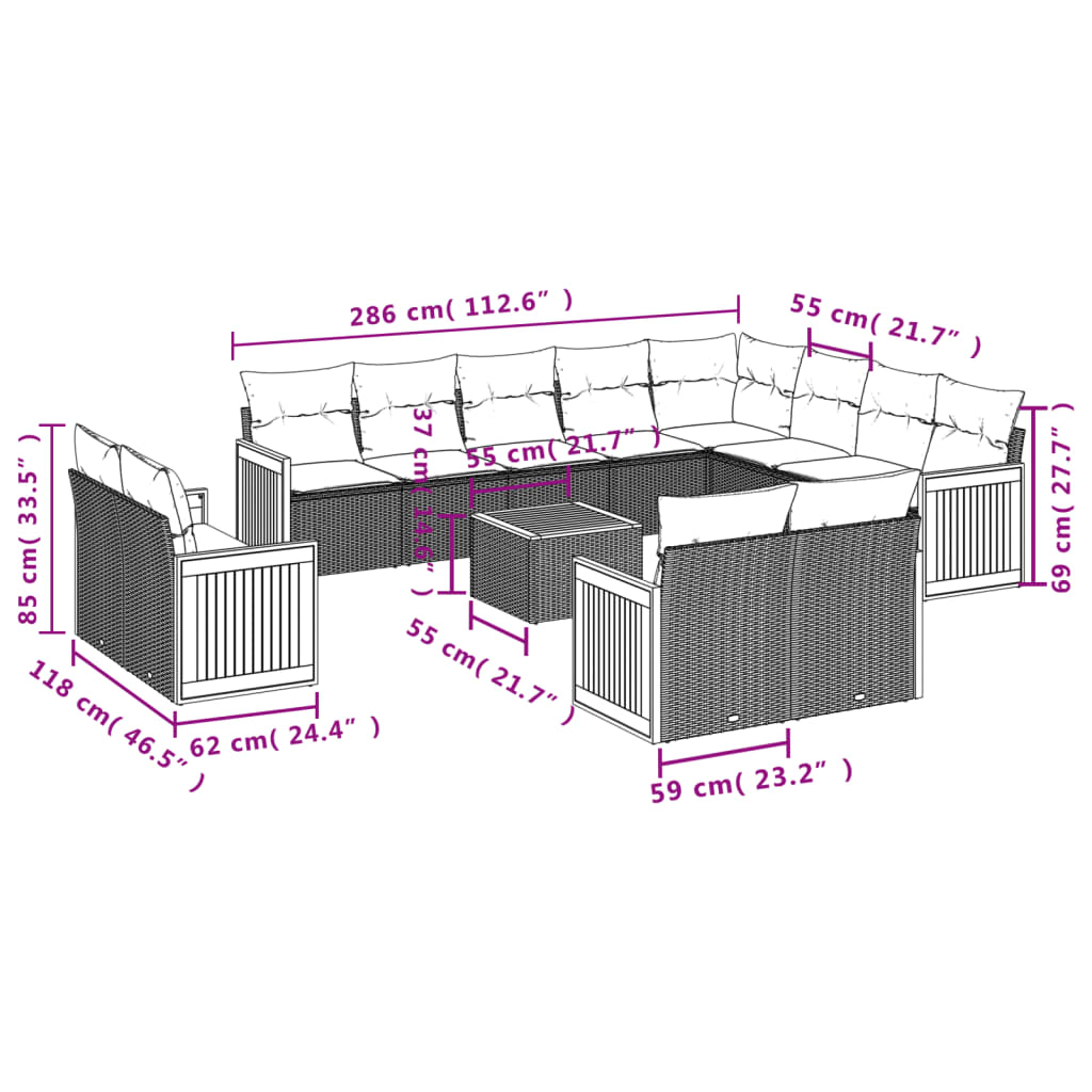 13-delige Loungeset met kussens poly rattan zwart