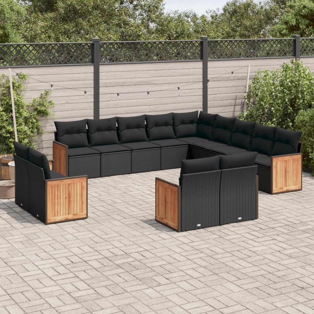 13-delige Loungeset met kussens poly rattan zwart