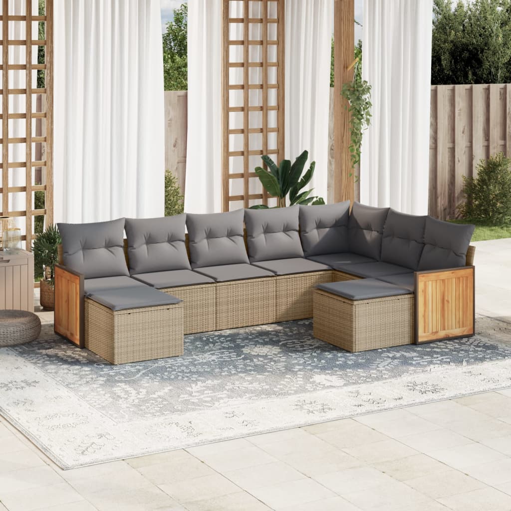 9-delige Loungeset met kussens poly rattan beige