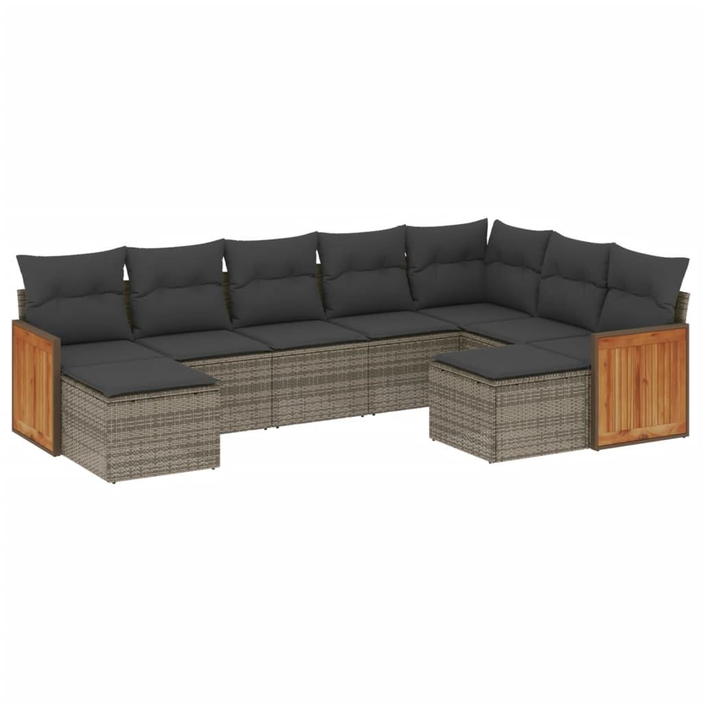 9-delige Loungeset met kussens poly rattan grijs