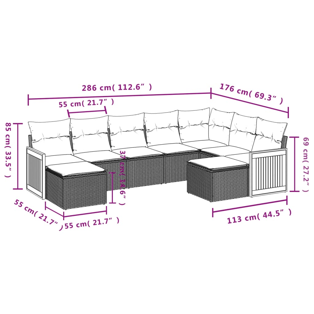 9-delige Loungeset met kussens poly rattan grijs