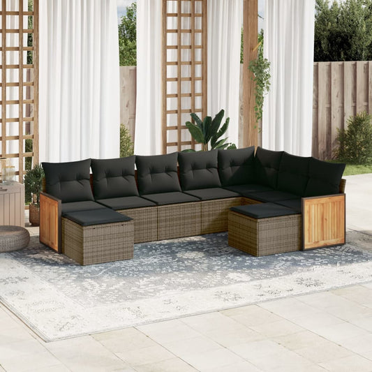 9-delige Loungeset met kussens poly rattan grijs