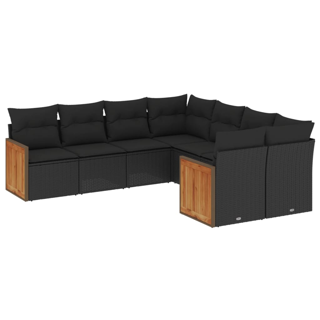 8-delige Loungeset met kussens poly rattan zwart