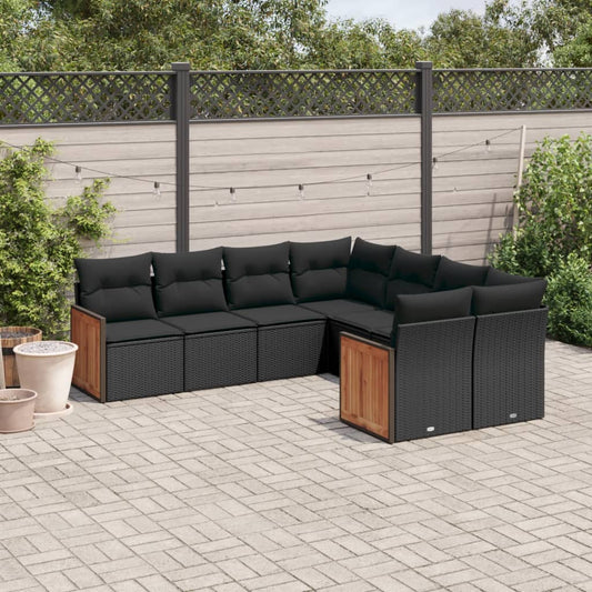 8-delige Loungeset met kussens poly rattan zwart