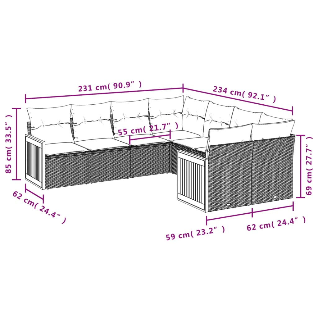 8-delige Loungeset met kussens poly rattan zwart