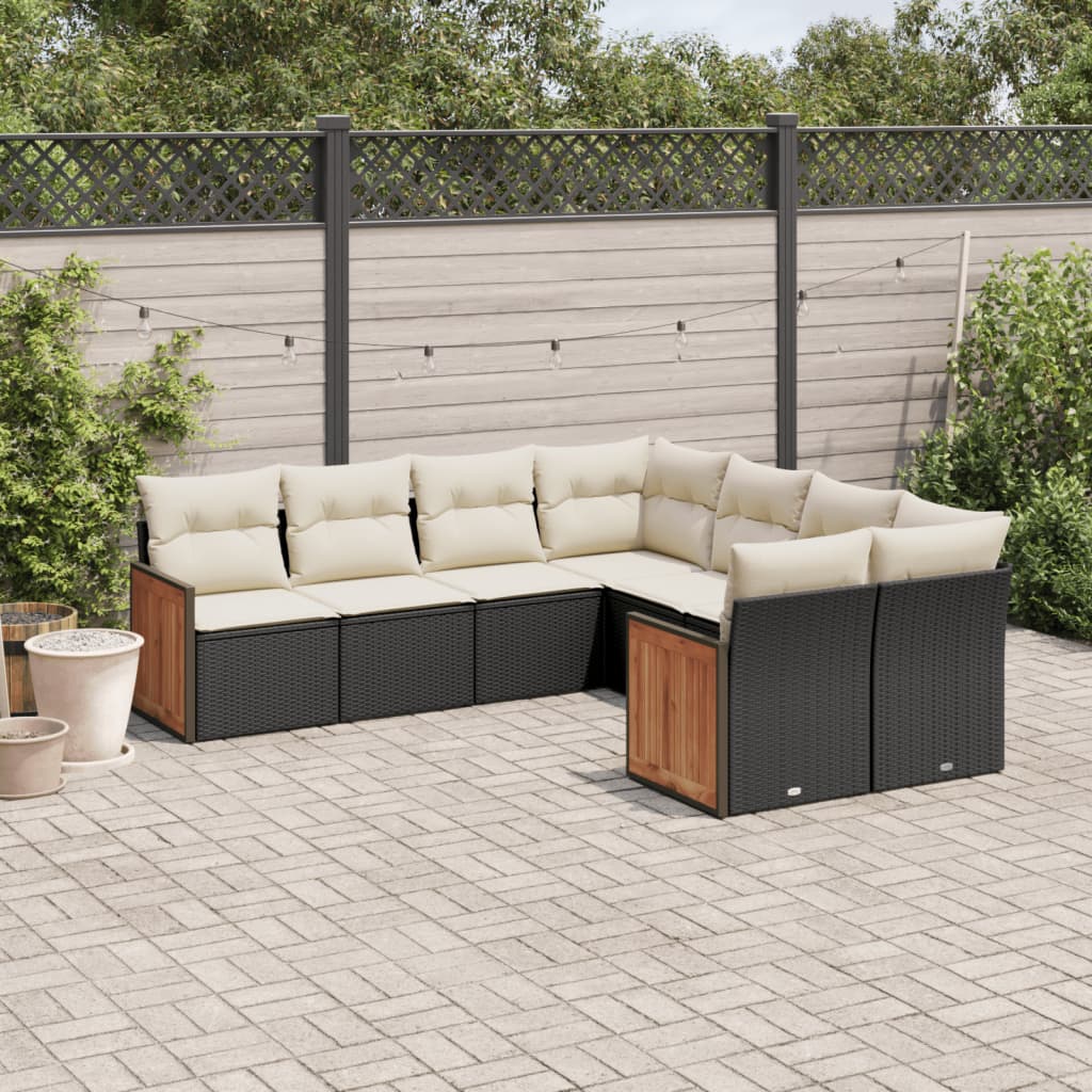 8-delige Loungeset met kussens poly rattan zwart