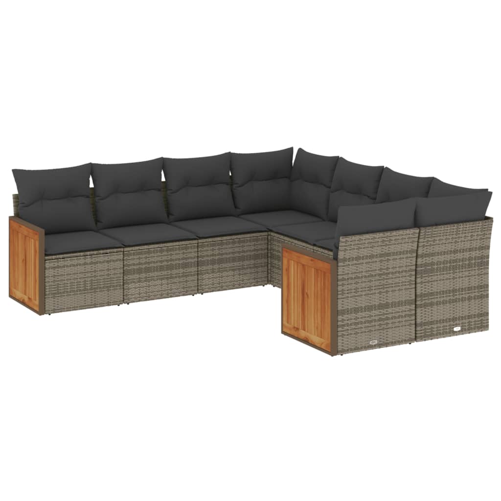 8-delige Loungeset met kussens poly rattan grijs