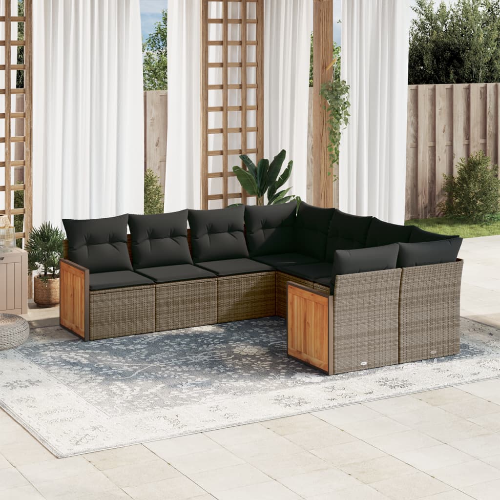 8-delige Loungeset met kussens poly rattan grijs