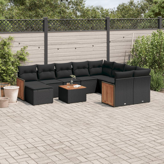 11-delige Loungeset met kussens poly rattan zwart