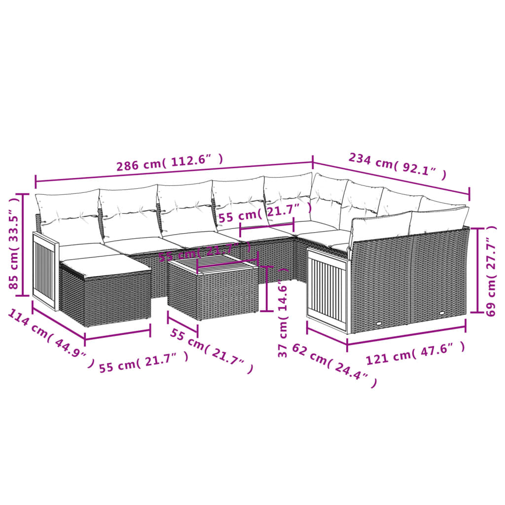 11-delige Tuinset met kussens poly rattan beige