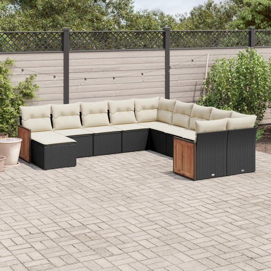 11-delige Loungeset met kussens poly rattan zwart