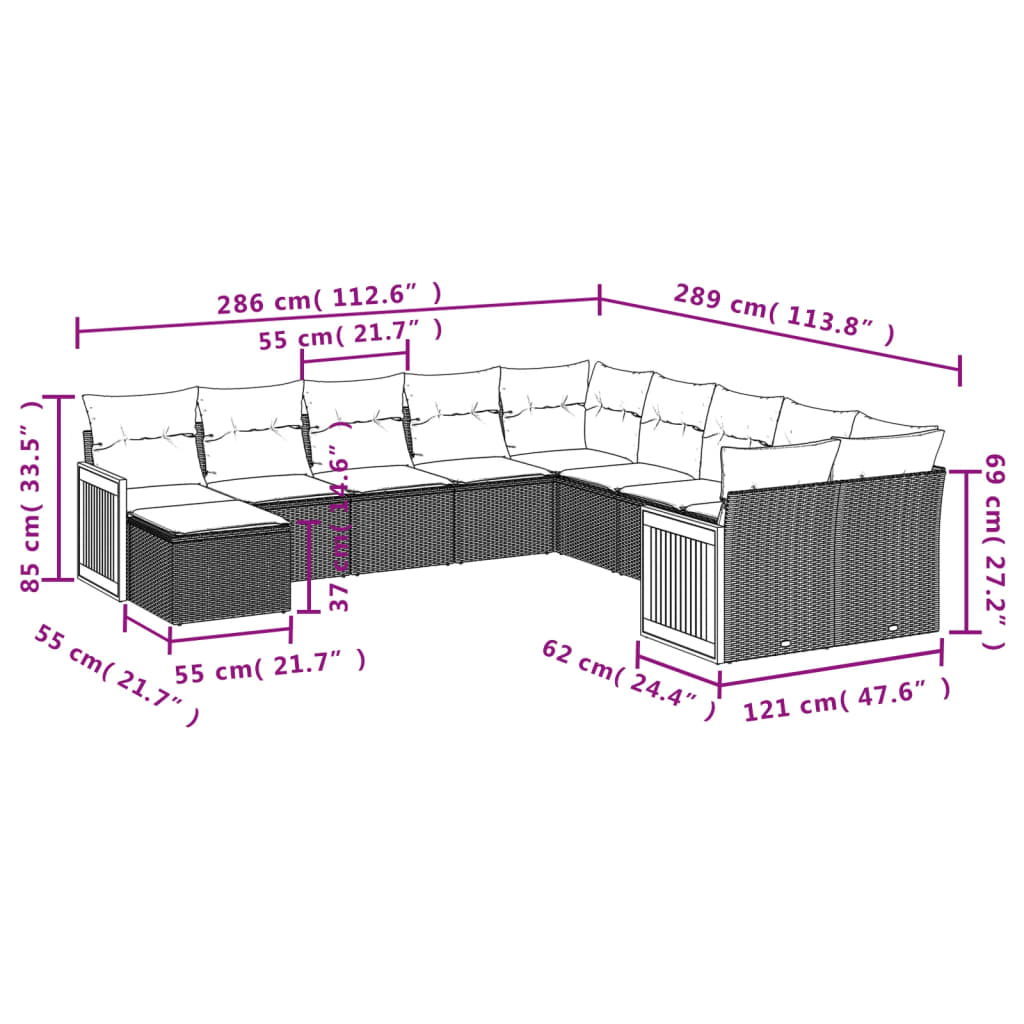 11-delige Tuinset met kussens poly rattan beige