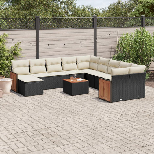 12-delige Loungeset met kussens poly rattan zwart