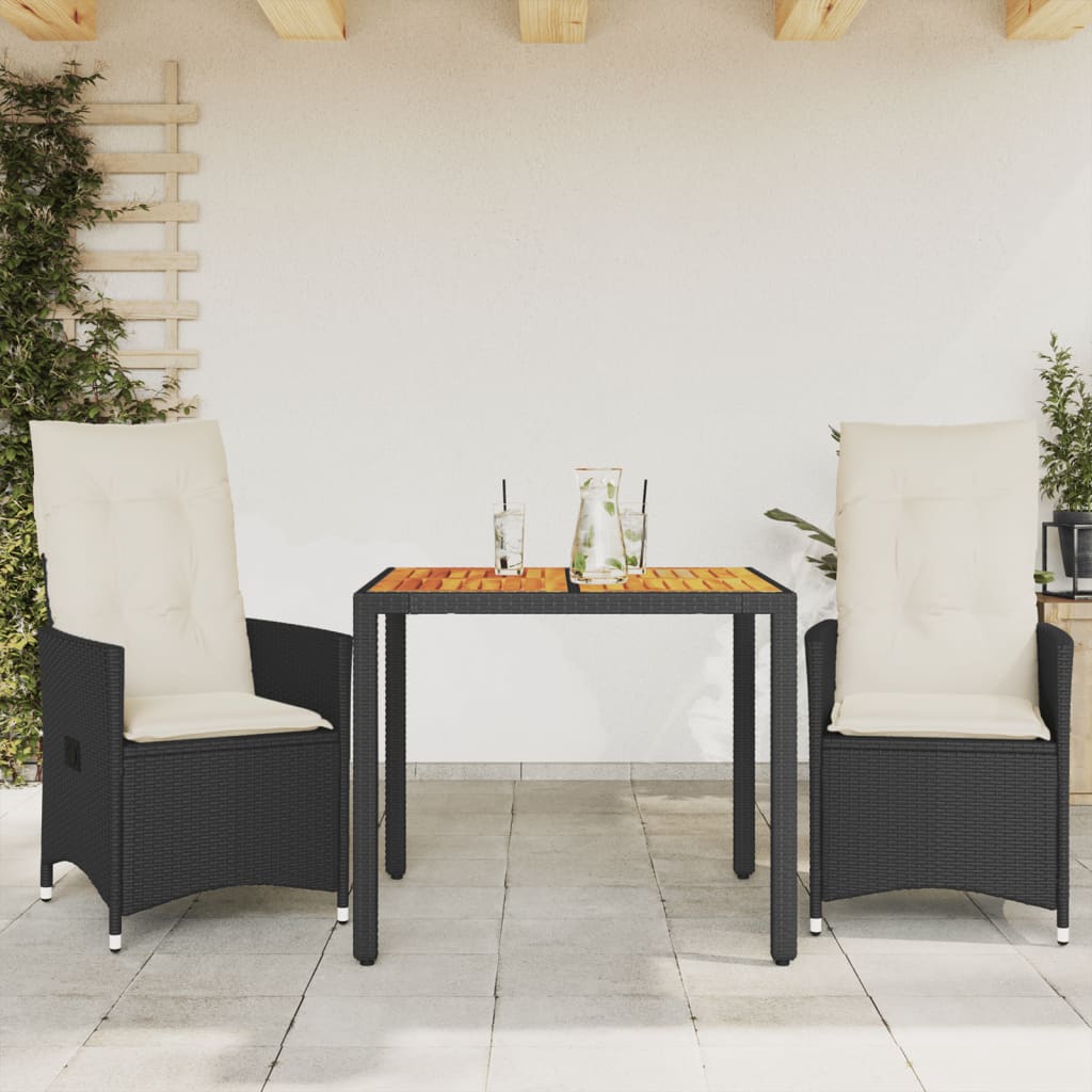 3-delige Bistroset met kussens poly rattan en acaciahout zwart Tuinsets | Creëer jouw Trendy Thuis | Gratis bezorgd & Retour | Trendy.nl