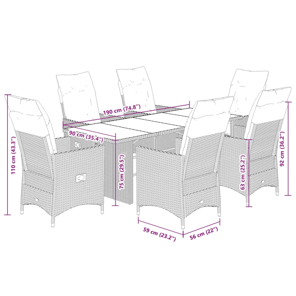 7-delige Tuinset met kussens poly rattan bruin