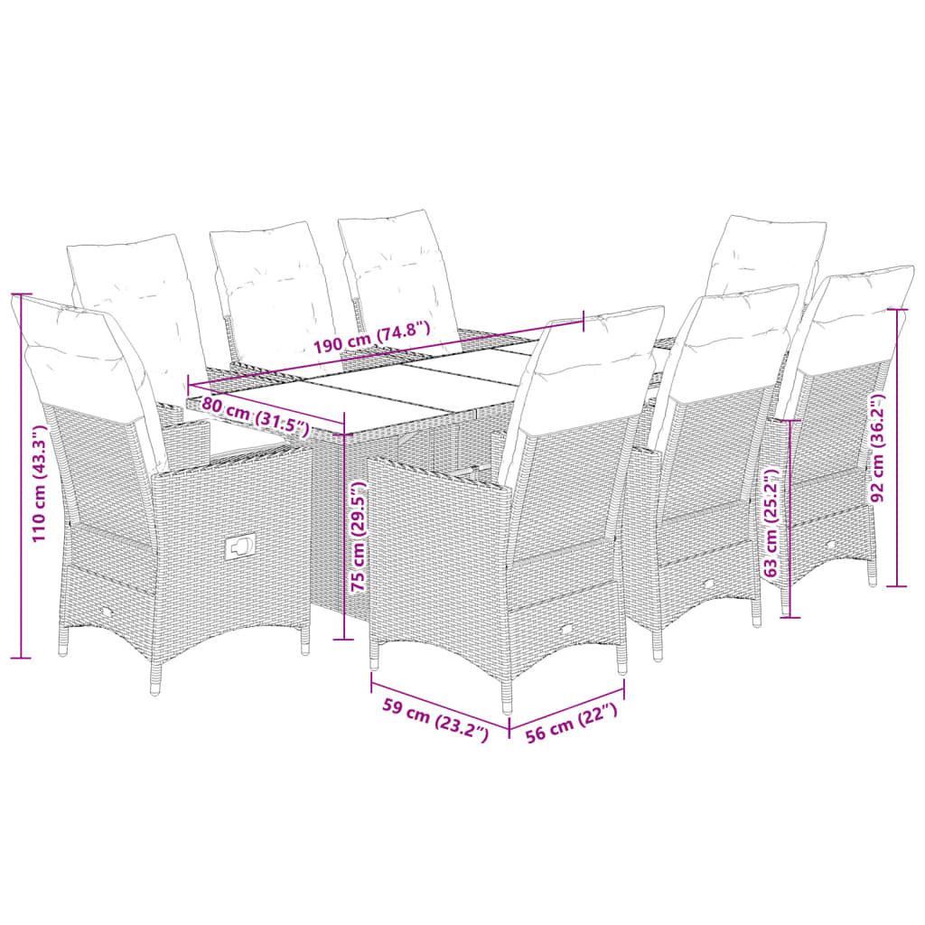 9-delige Tuinset met kussens poly rattan bruin