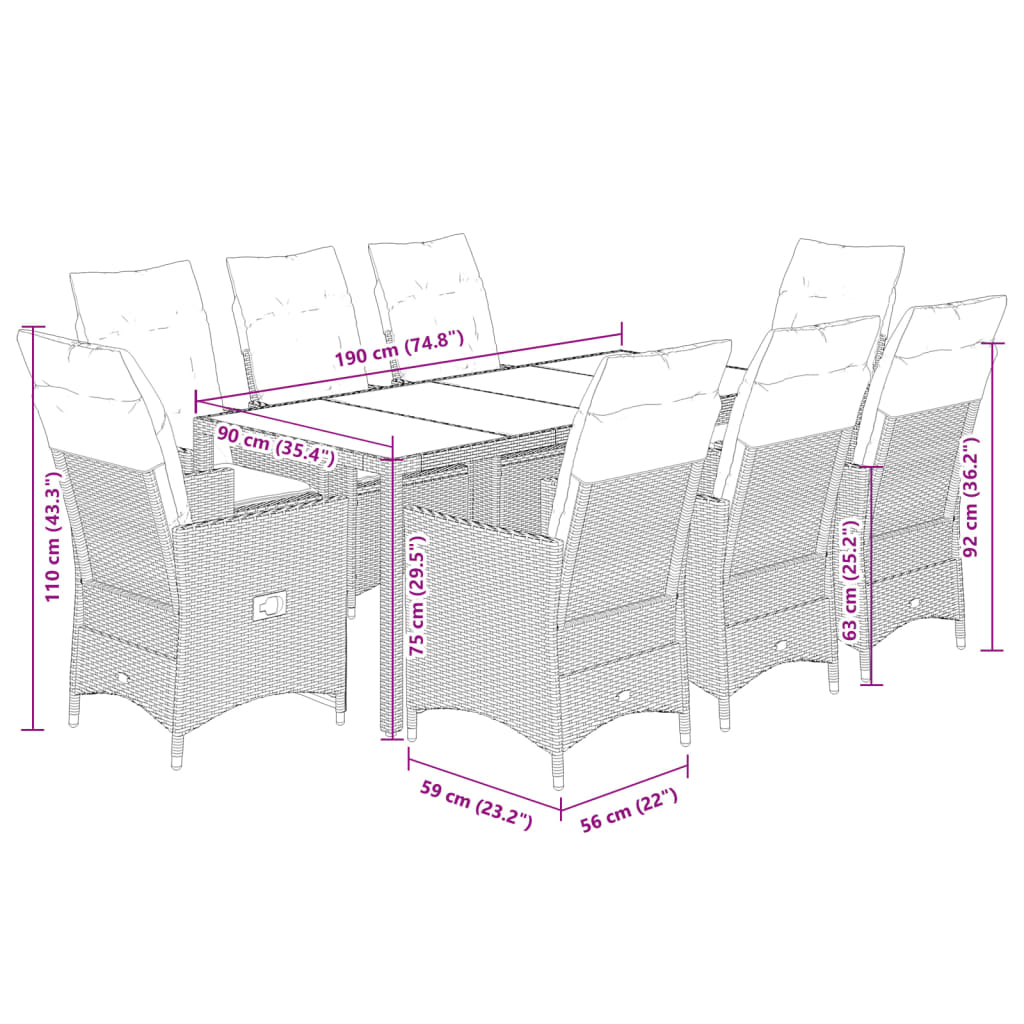 9-delige Tuinset met kussens poly rattan beige