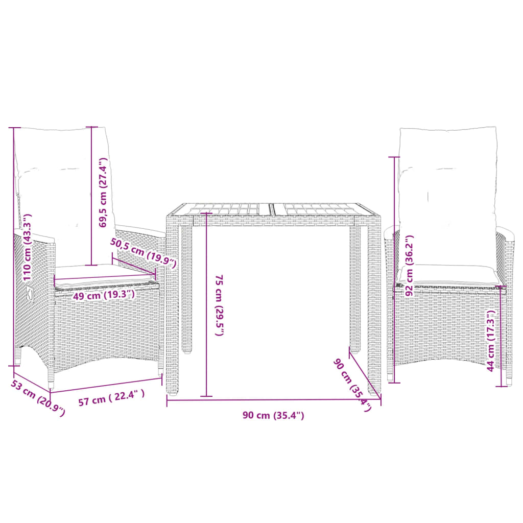 3-delige Bistroset met kussens poly rattan zwart Tuinsets | Creëer jouw Trendy Thuis | Gratis bezorgd & Retour | Trendy.nl