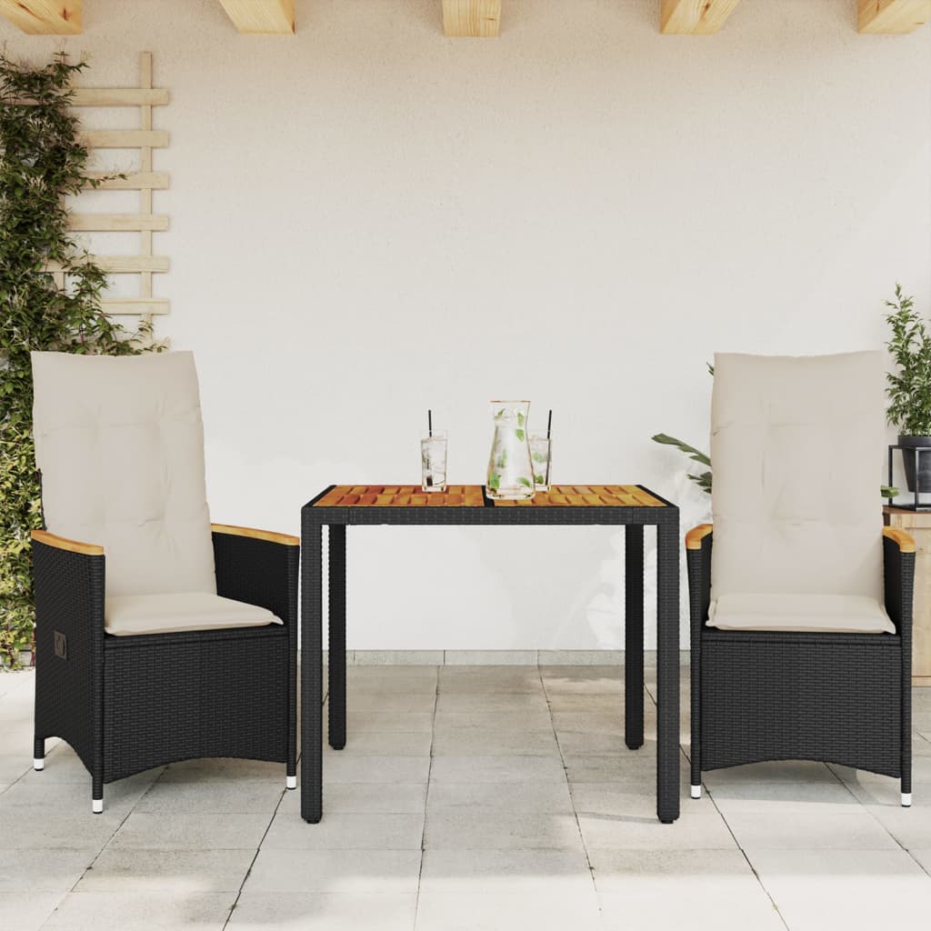 3-delige Bistroset met kussens poly rattan zwart Tuinsets | Creëer jouw Trendy Thuis | Gratis bezorgd & Retour | Trendy.nl