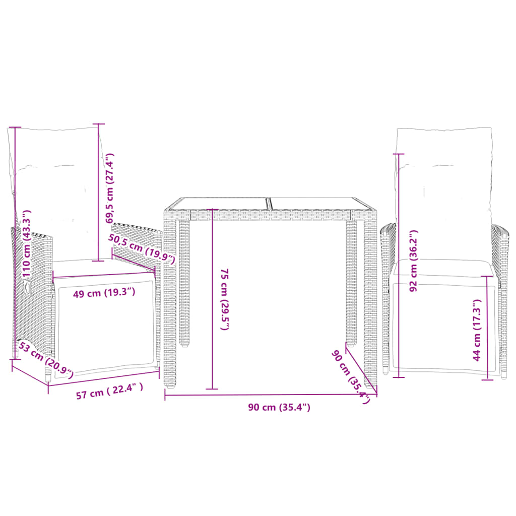 3-delige Bistroset met kussens poly rattan zwart Tuinsets | Creëer jouw Trendy Thuis | Gratis bezorgd & Retour | Trendy.nl