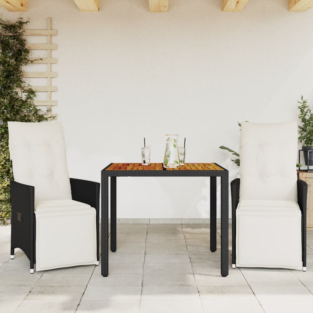 3-delige Bistroset met kussens poly rattan zwart Tuinsets | Creëer jouw Trendy Thuis | Gratis bezorgd & Retour | Trendy.nl