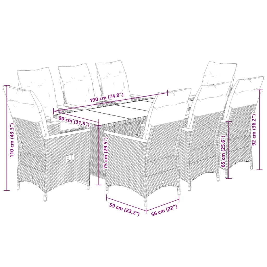 7-delige Tuinset met kussens poly rattan zwart