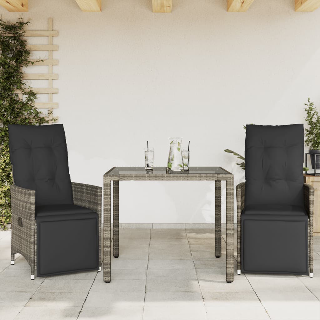 3-delige Bistroset met kussens poly rattan grijs