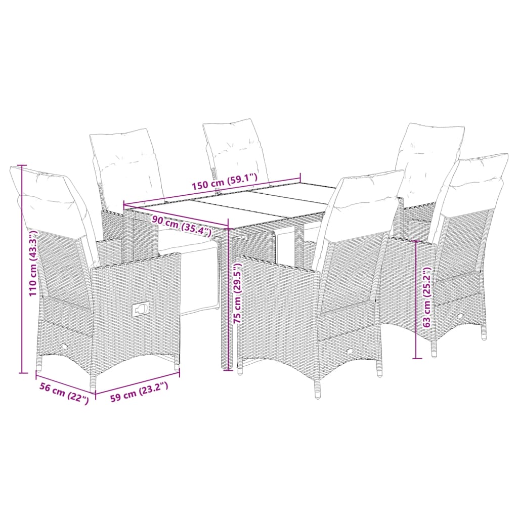 7-delige Bistroset met kussens poly rattan grijs