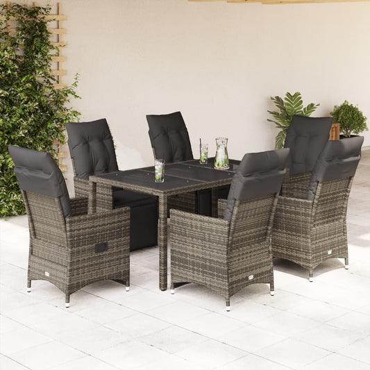 7-delige Bistroset met kussens poly rattan grijs